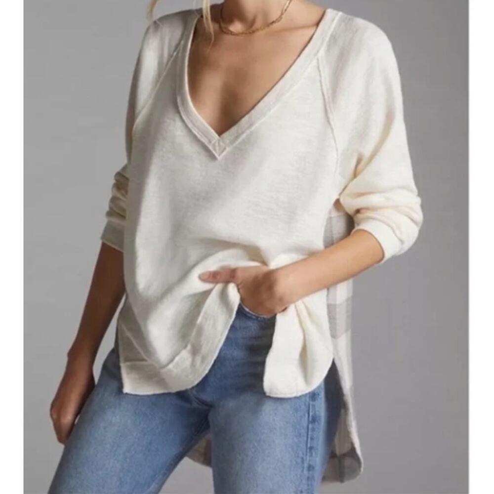 Anthropologie Pilcro Knit V-Neck Sweater with Plaid Back // XS - Picture 3 of 11